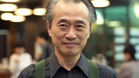 Portrait of a middle-aged asian man in a restaurantの素材
