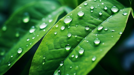 Green leaf with water drops close-up. Natural background for design.の素材