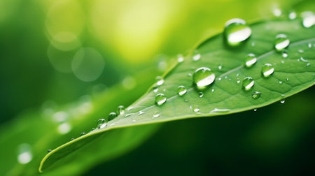 Water drop on green leaf macro close up. Beautiful nature background.の素材