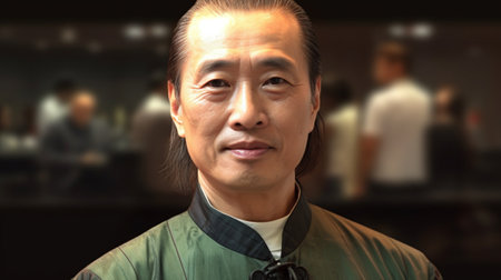 Portrait of an asian senior man looking at camera in a restaurantの素材