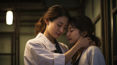 two asian woman in lab coat hug each other in the roomの素材
