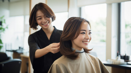 Beautiful asian woman getting her hair cut in beauty salon.の素材