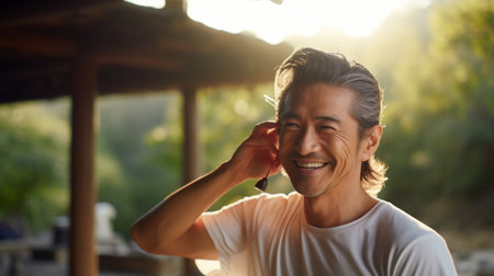 Handsome middle-aged man in white t-shirt smiling and looking at cameraの素材