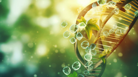 Biochemistry background concept with high tech dna molecule and green plantsの素材
