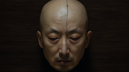 Buddhist monk face on dark background. 3D rendering.の素材