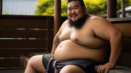 Fat man sitting on the bench in the park. Concept of overweight and obesity.の素材