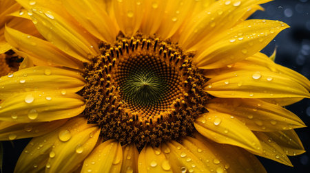 Close up of sunflower with water droplets on petals.の素材