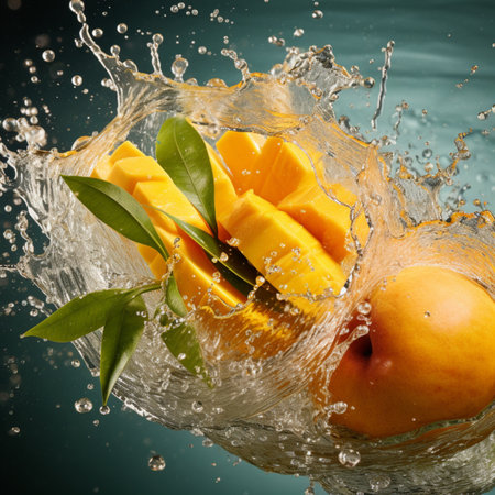 Mango fruit with water splash on dark background. Healthy food concept.の素材