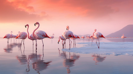 Flamingo in the salt lake at sunset. 3d renderingの素材