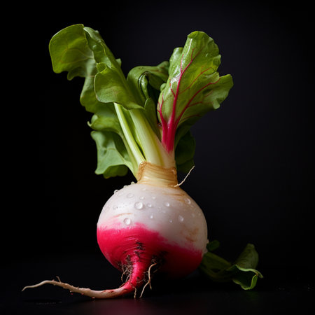 Radish on a black background with water droplets. Studio shot.の素材