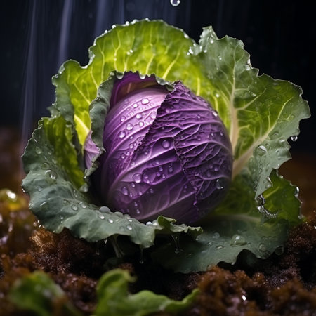 Purple cabbage with water drops on dark background. Close up.の素材