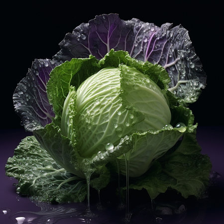 Cabbage with water drops on a dark background, close-upの素材