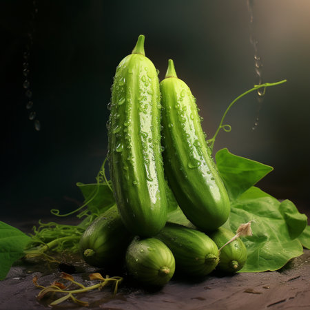 Fresh green cucumbers with drops of water on a dark background.の素材