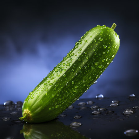 Cucumber with water drops on dark background, close-upの素材