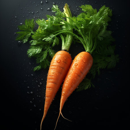 Fresh carrots with green leaves and water drops on black background, top viewの素材