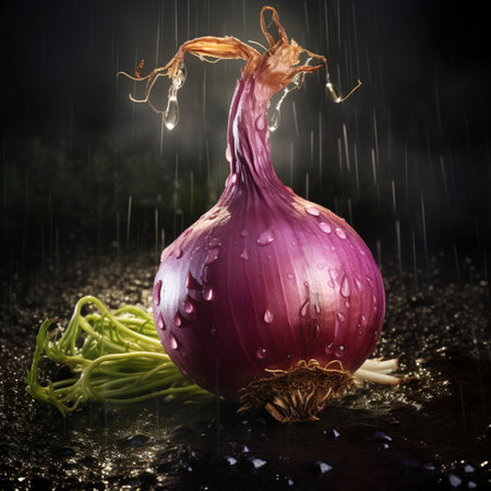 Red onion with splashes of water on black background, close upの素材