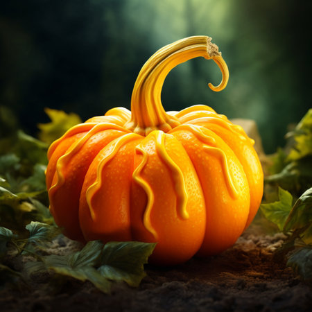 Pumpkin on the ground with green leaves. Halloween concept.の素材
