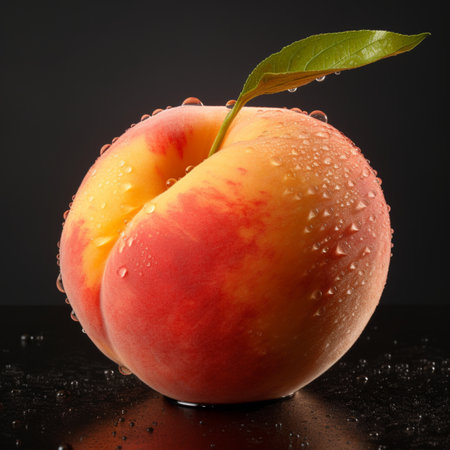 Ripe peach with water drops on a black background. Close-up.の素材
