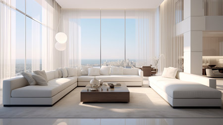 3d rendering of modern bright interiors living room with sea viewの素材