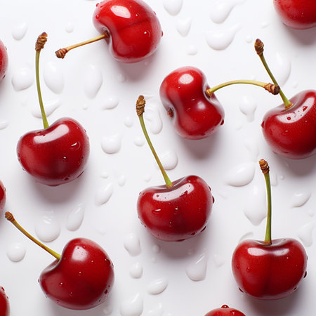 Cherries on a white background with water drops. Top viewの素材