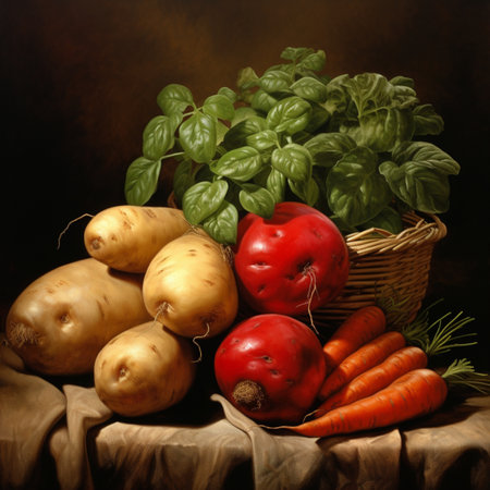 Still life with a basket of vegetables and carrots on a dark backgroundの素材