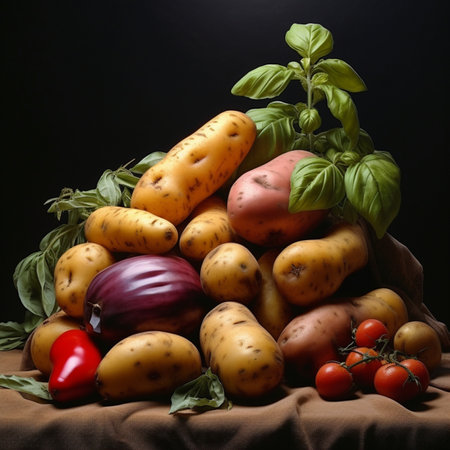 Potatoes, eggplants, tomatoes and basil on a dark backgroundの素材