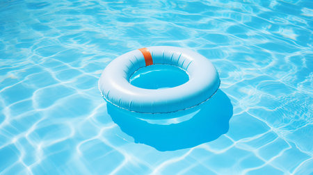 Inflatable ring floating in swimming pool with blue water background.の素材