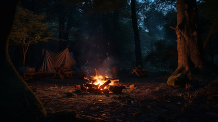 Camping in the forest at night. Campfire in the forest.の素材