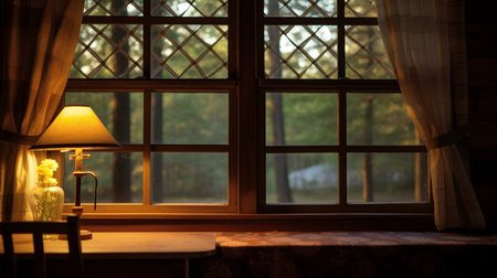Lamp on a wooden table in front of the window in the eveningの素材