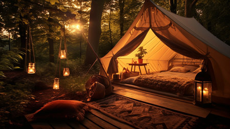 Camping tent in the forest at night. Camping concept.の素材