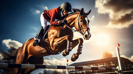 Horse rider jumping over obstacle. Equestrian sport background.の素材