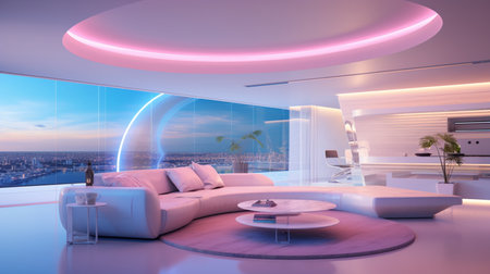 3d render of a modern living room interior with a panoramic view of the cityの素材