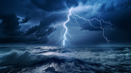 Stormy sea with lightning and stormy sky. 3d renderingの素材