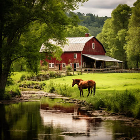 A red barn and a horse standing in a stream of water.の素材