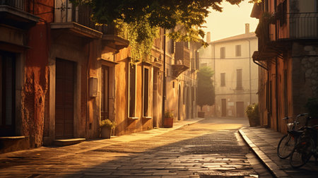 Old town street at sunset in Bologna, Emilia Romagna, Italyの素材