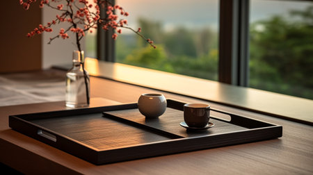 Coffee cup on wooden tray in coffee shop, stock photoの素材