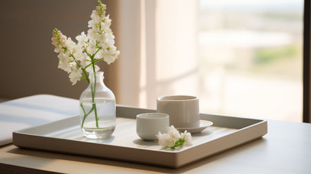 White flowers in a vase on a wooden tray in the roomの素材