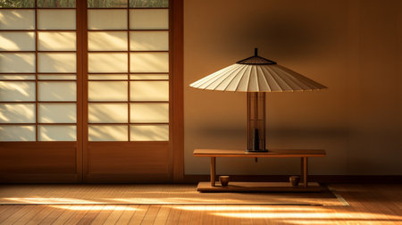 Interior of japanese room with wooden table and lamp - renderingの素材