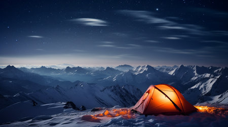Camping in the mountains at night. 3d rendering toned imageの素材
