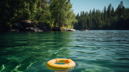 Yellow inflatable ring floating on a lake in the forest. Summer landscapeの素材