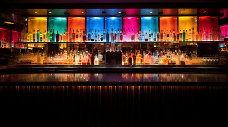 Bar counter with bottles of alcoholic drinks in night club, close upの素材