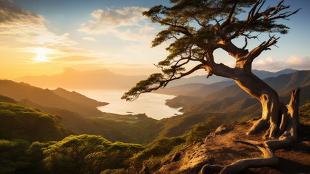 Beautiful sunrise over the sea and tree in hong kongの素材