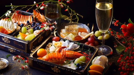 Snacks in a wooden box with champagne and wine on a dark backgroundの素材