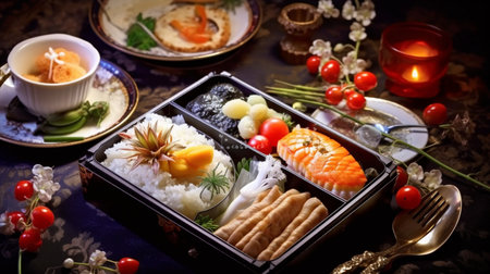 Japanese food in a bento box on a wooden table with candlesの素材
