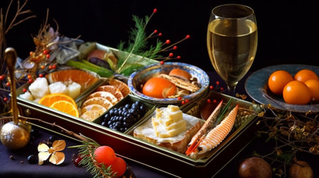 Christmas still life with fruit, cheese and vegetables on a dark backgroundの素材