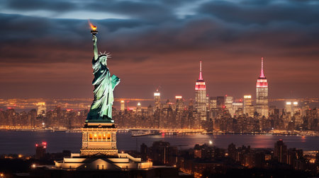 New York, New York, USA. Statue of Liberty with Manhattan skyline at night.の素材