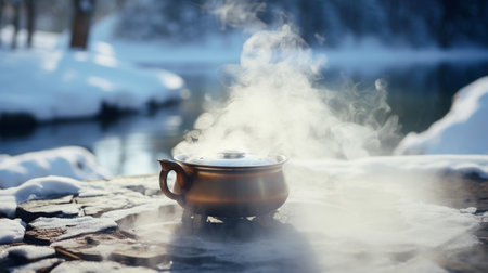 Cup of hot tea with steam on the background of the winter landscapeの素材