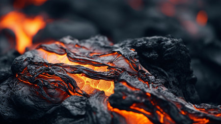 Burning coals in a grill. Close-up of fire.の素材