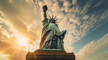 Statue of Liberty at sunset in New York City, USA.の素材