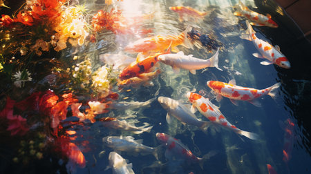 Koi fish swimming in a pond. Colorful fishes swimming in the pond.の素材